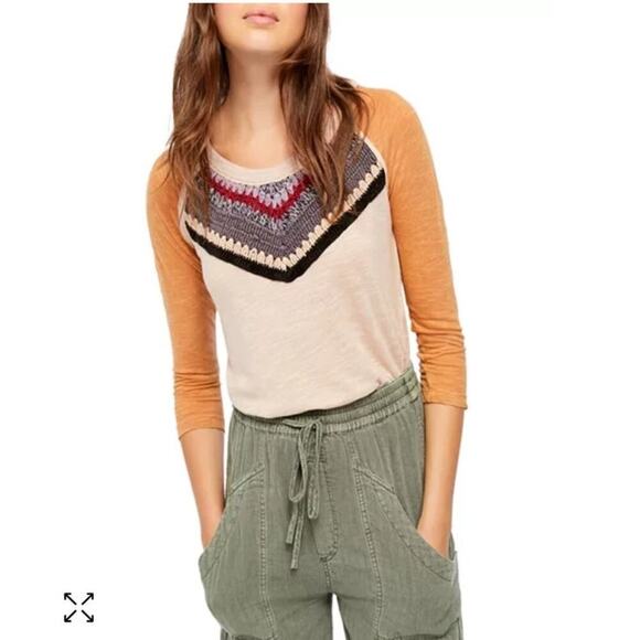 Free People Spring Bound Baseball Tee Size M Color: Calm Sand Crochet Detail - Picture 1 of 6